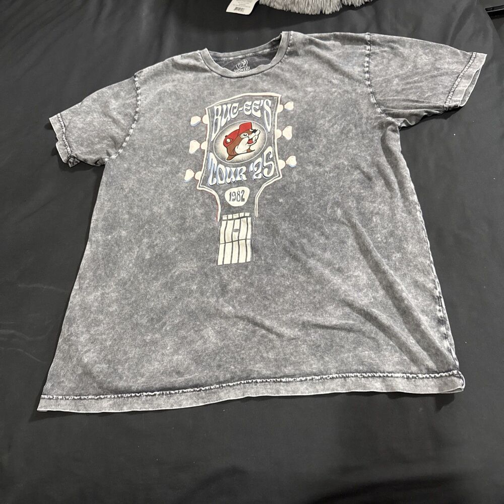 Buc-ees Tour 25 Guitar Headstock Graphic T-Shirt Mens Lg Gray Acid Wash Cotton